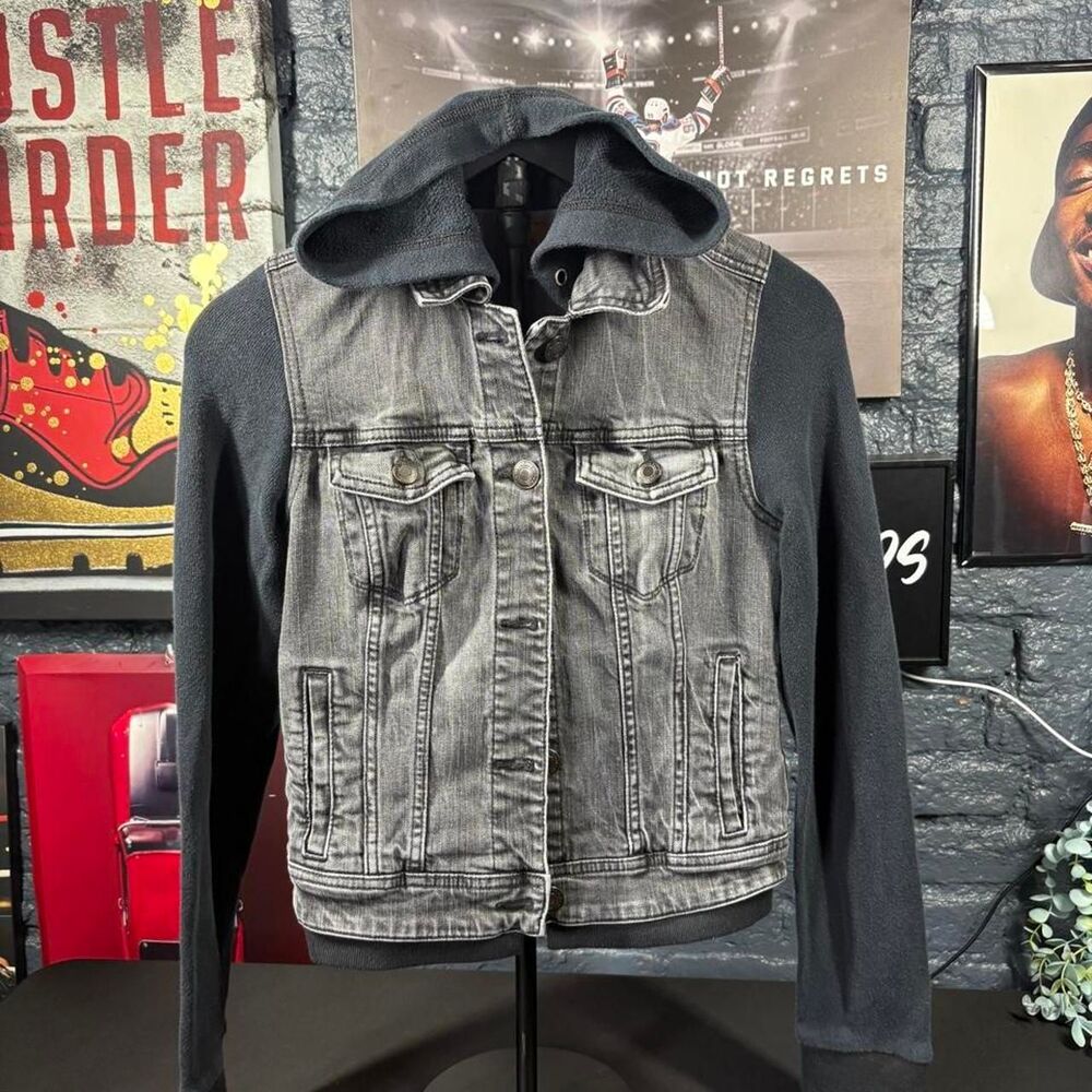 2014 American Eagle Women’s Black Gray Denim Hoodie Jacket - Small